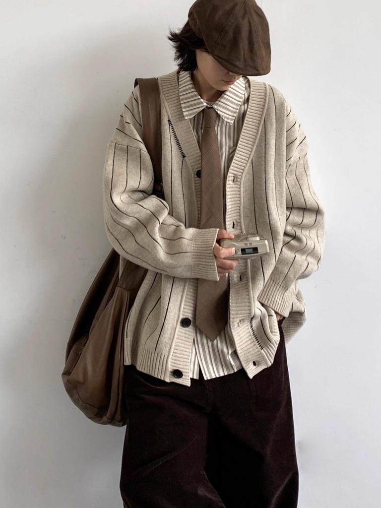 Unisex College Style Striped Knit Sweater for Boys and Girls - Autumn/Winter Long Sleeve Cardigan