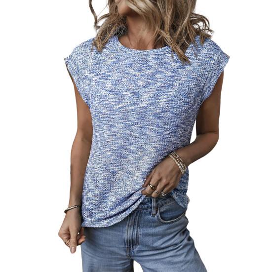 Women Tops Round Neck Short Sleeves Waffle Texture T-shirt Pure Color Loose Fit Knitted