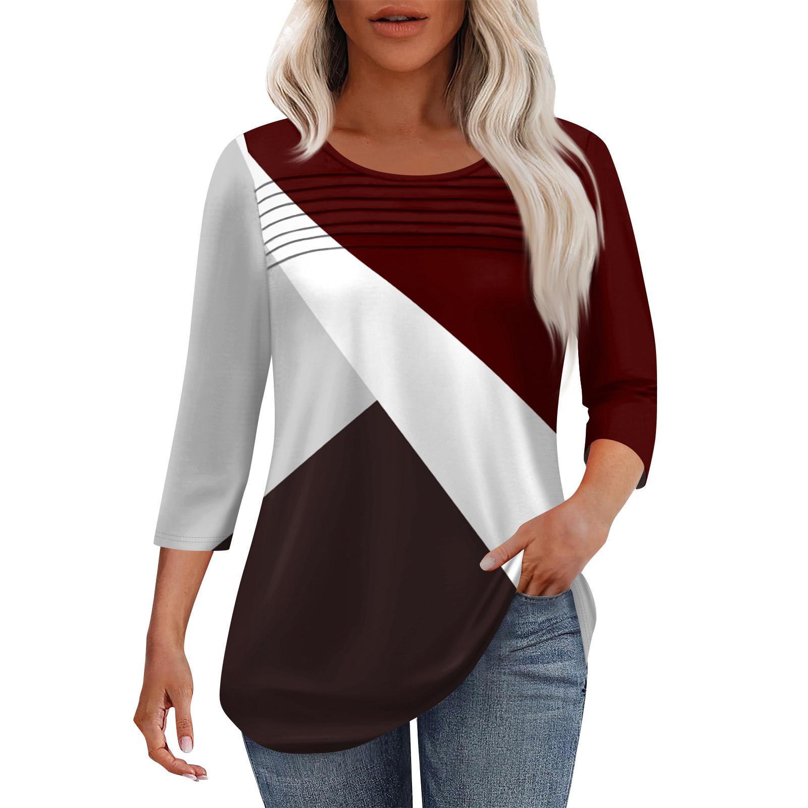 

Женская мода круглый вырез шея плиссированная передняя планка однотонный топ рукав 3/4 L