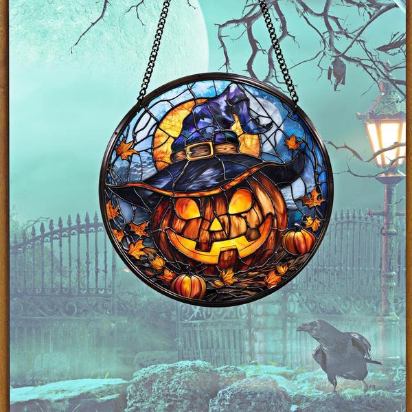 Halloween Luminous Acrylic Circular Design Pumpkin Black Cat Hanging Wall Porch Home Decoration Window Pendant