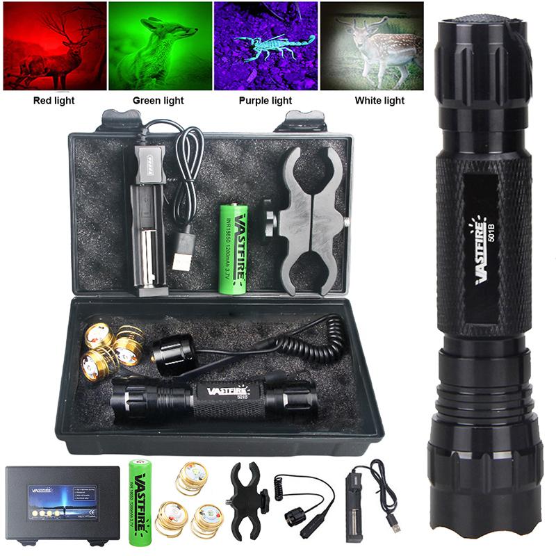 501B 4IN1 Professional Hunting Flashlight Set Green/Red/White/UV 395nm Lantern Tactical 1-Mode Torch Power by 18650 Battery
