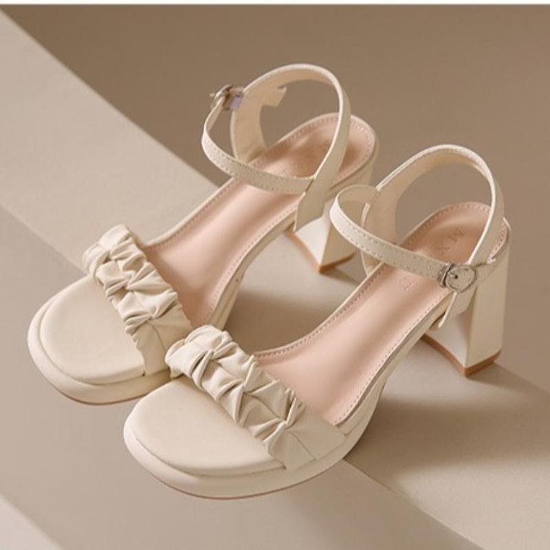 Women's Versatile High Heel Sandals 5cm/1.97in /7cm/2.76in Summer Chunky Heel Open Toe Fashionable One Buckle High Heels
