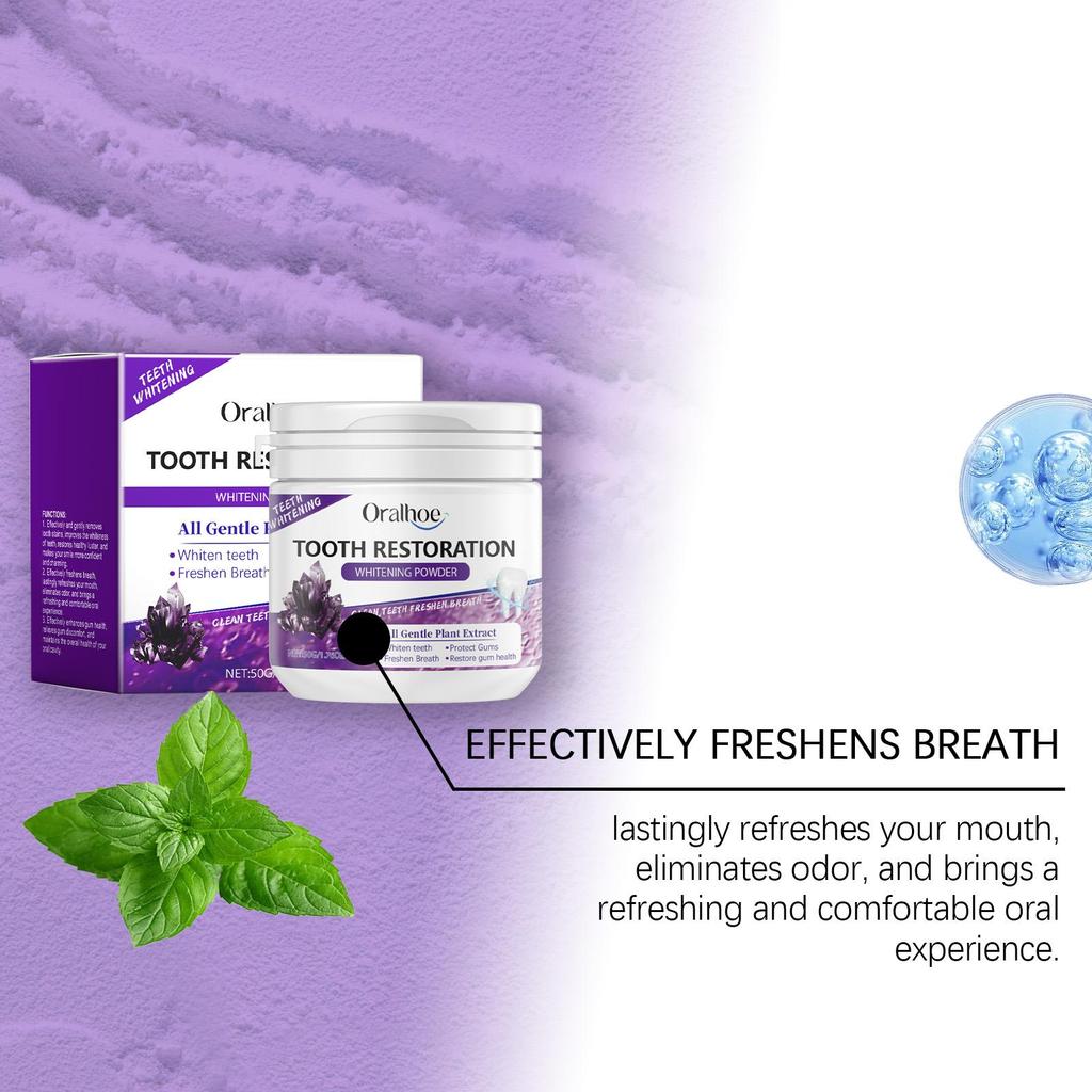 Oralhoe 50g Teeth Whitening Powder Purple Brighten Mint Scent Fresh Breath Remove Stain Oral Hygiene Clean Bleach Teeth Powder