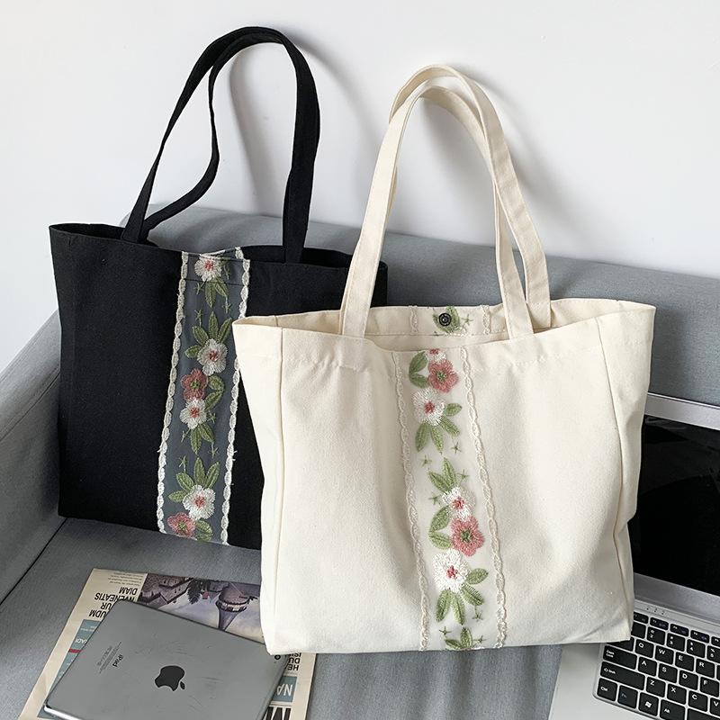 Embroidery Canvas Bag Women Shoulder Simple Travel Yoga Large Capacity Bag