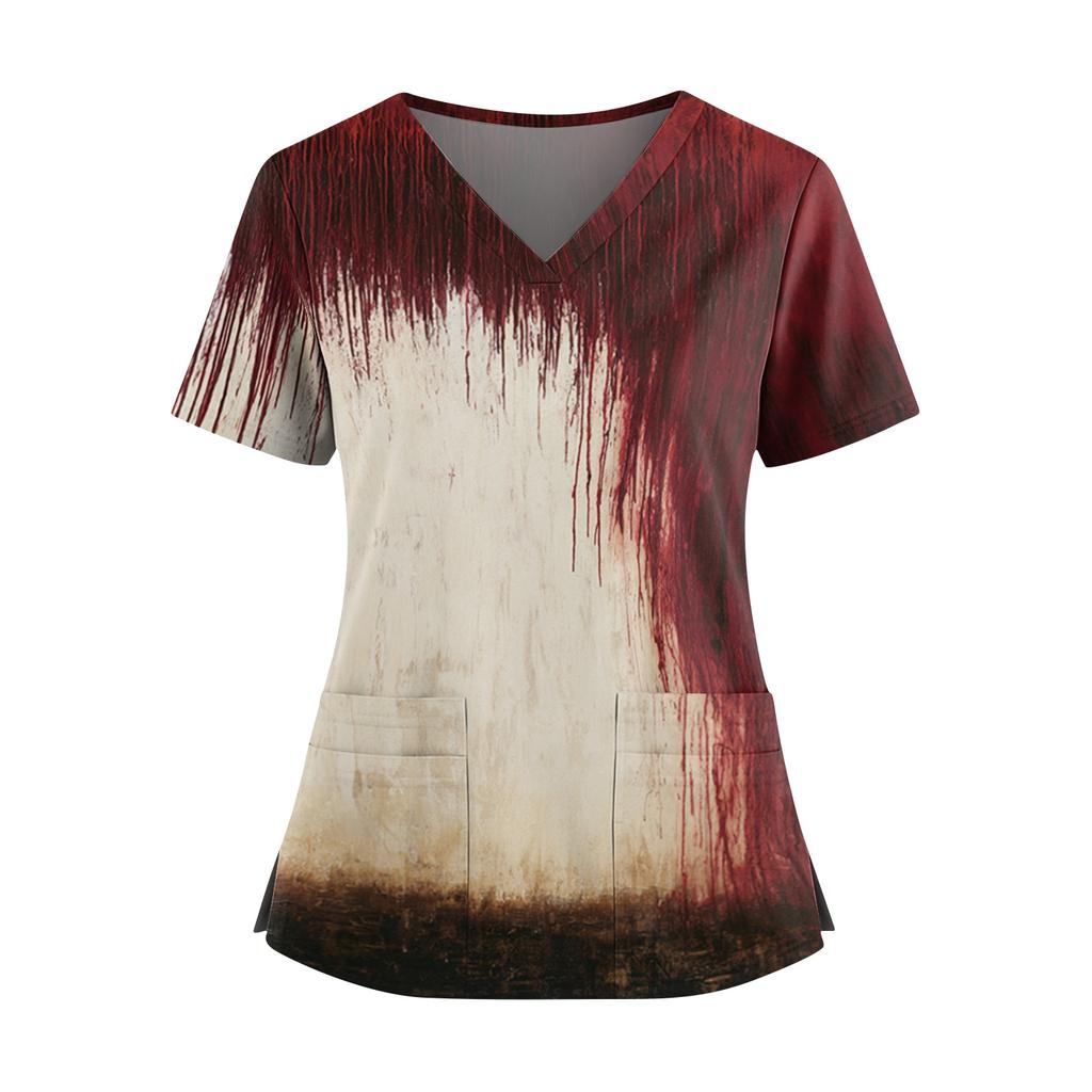 Halloween Print V Neck Short Sleeve Nurse Scrub Top with Double Pockets and Side Slit Hem for Healthcare Workers and Caregivers