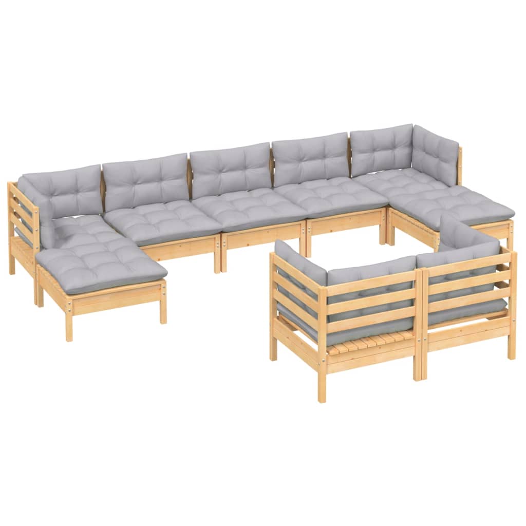 Vidaxl 9-Cz. Garden Lounge Set, Grey Cushions, Pine
