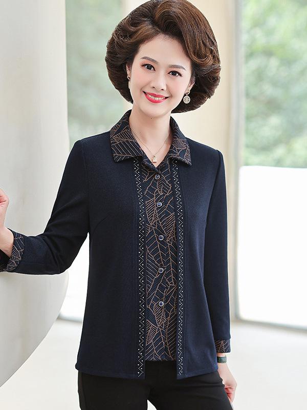 

Elegant Two-Piece Knit Top for Middle-Aged and Elderly Women - Stylish Long-Sleeved Spring/Autumn Wear 4XL (150-165 Jin) синий