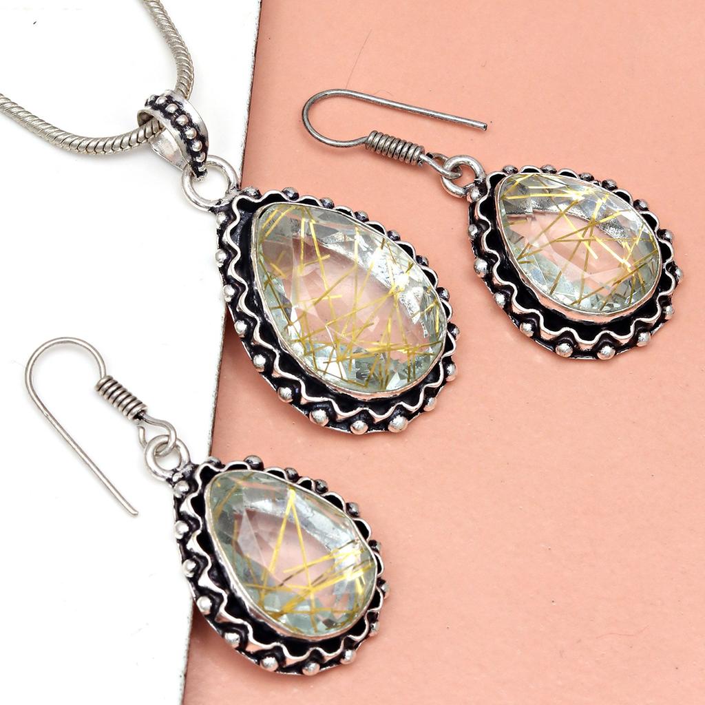 Rutile  Golden Set Earring Jewelry 18-20'' Pendant Quartz Sterling
