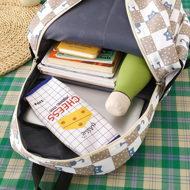 Three-Piece Backpack Set Large Capacity Student Schoolbag Junior High School Student Checkerboard Backpack with Lunch Bag Pen Bag