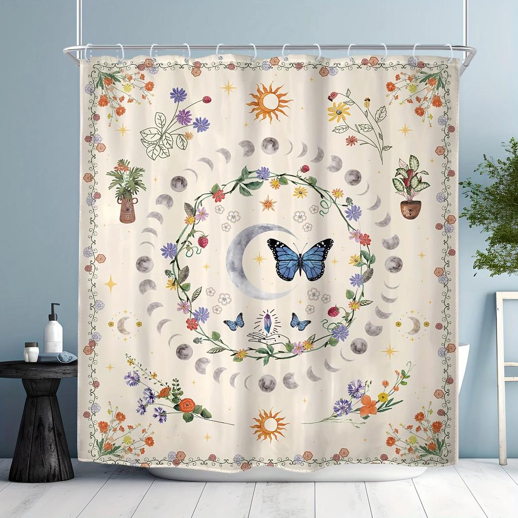Waterproof Moon Phase Shower Curtain, Polyester Abstract Bohemian Floral Butterfly Design,Star Moon Art,Bath Decor with 12 Hooks