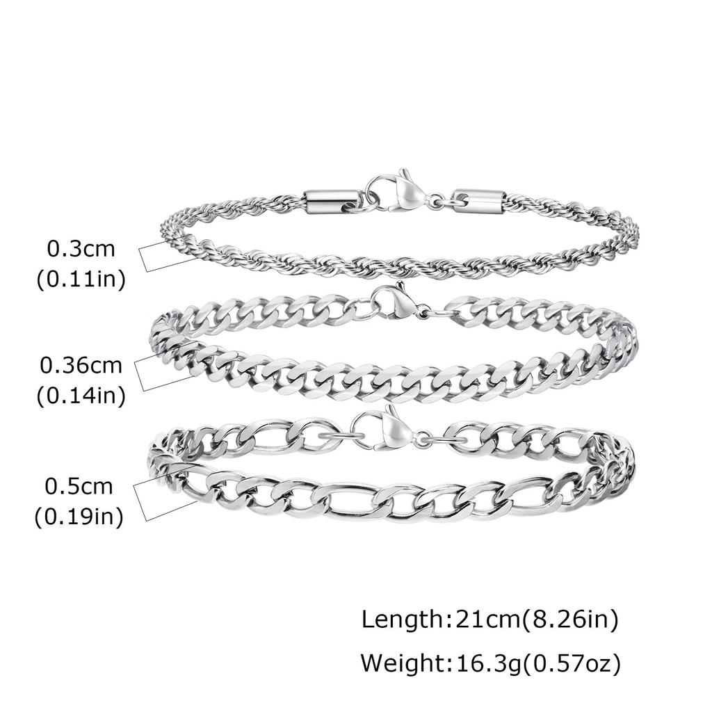 Vnox 3pcs/set Stainless Steel Chain Bracelet Set, Men's Silver Color 21cm Length Link Wristbands, Casual Jewelry Gifts for Men