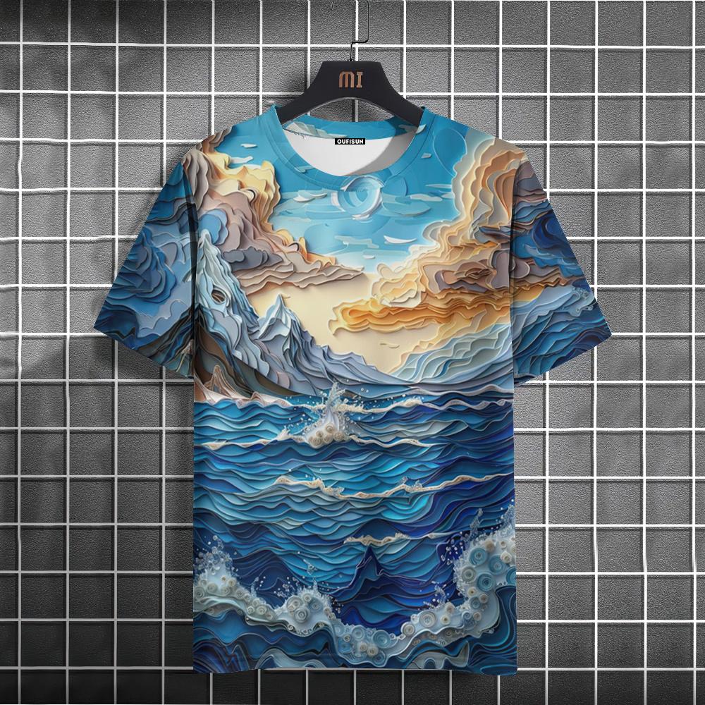 

Футболка для мужчин с принтом «Рыба, гора, морская волна» с 3D-принтом, летние свободные свитера с коротким рукавом, уличная одежда с круглым вырезом 5XL