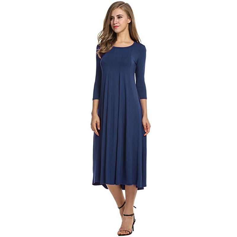 Sommerkleid für Damen, modisch, Rundhalsausschnitt, mittlere Ärmel, einfarbig, plissiert, lange Kleider