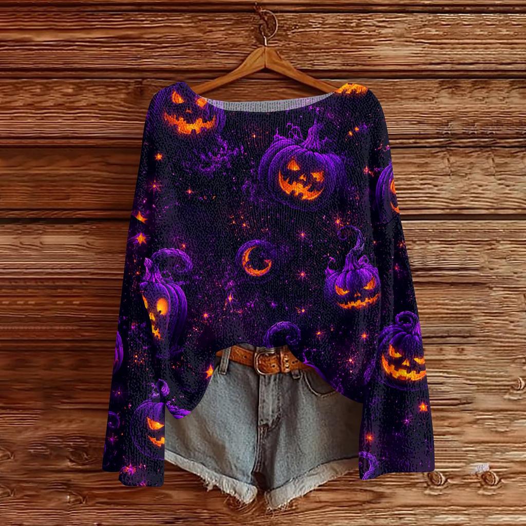 Women's Casual Long Sleeve Halloween Print Knit Pullover Top with Round Neck