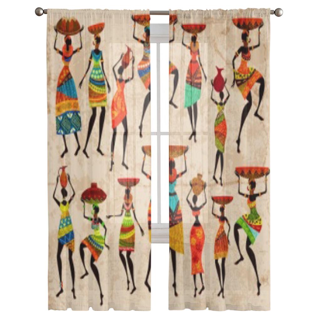 Retro Beautiful African Women Chiffon Sheer Curtains for Living Room Bedroom Kitchen Decoration Window Voiles Tulle Curtain