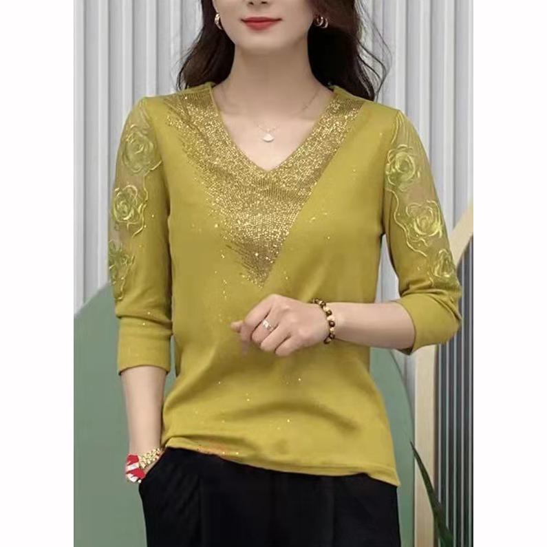 Damen Sommer Frühling Herbst Blusen Hemden Damenmode Halbarm V-Ausschnitt Kragen Pailletten Spitze Stickerei Blusas