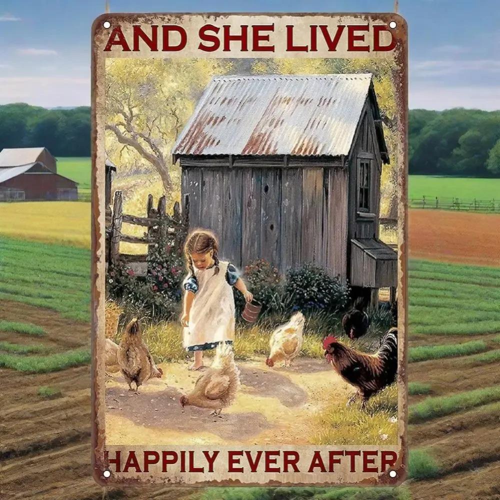 "Little Girls & Chickens: Happy Life" Vintage Tin Sign for Farmhouse Wall Art & Chicken Lovers