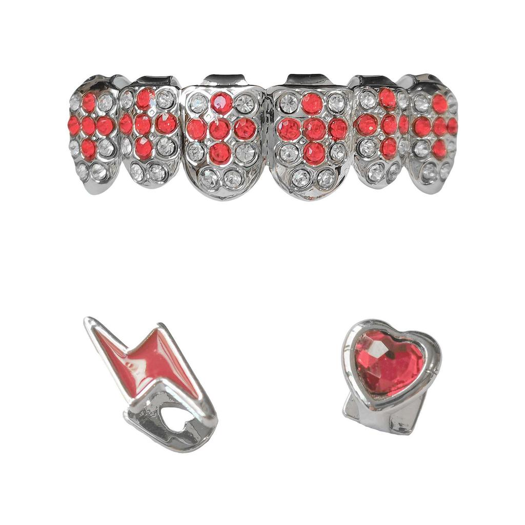 Stylish Hip Hop Grillz Set: Red Diamond Cross & Lightning Gold