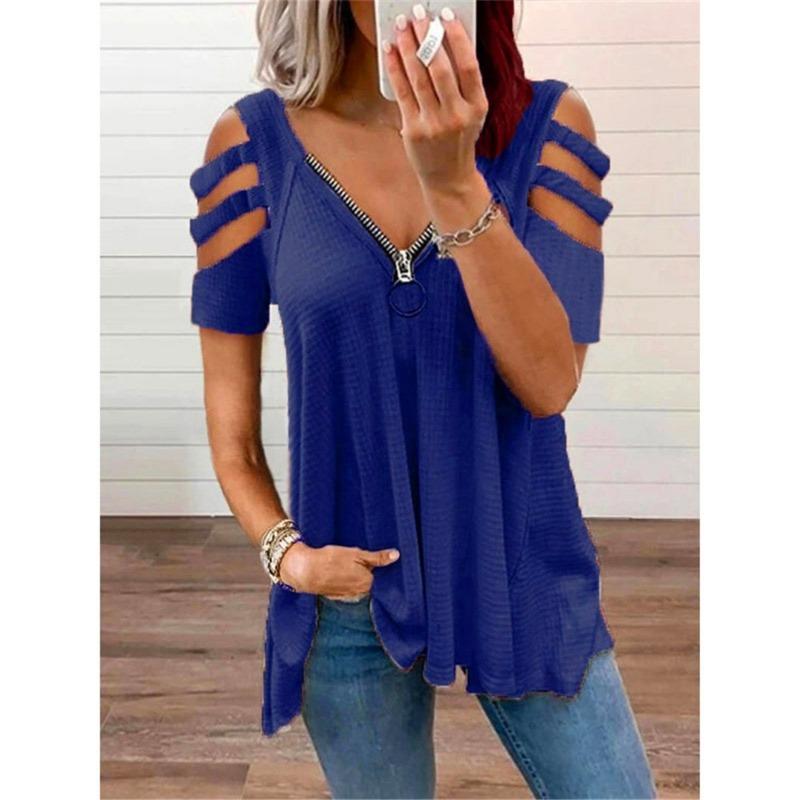 BITCED Women's Fashion Casual Solid Color Print Short Sleeve V Neck Blouses & Shirts