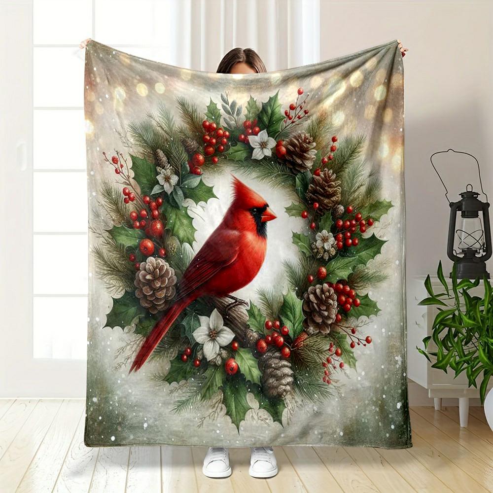 Red Cardinal On Christmas Wreath Flannel Blanket for Bedroom, Living Room, Sofa, and Nap Sofas
