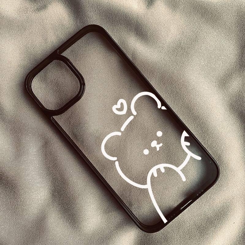 Cartoon Minimalist Bear Phone Case For iPhone 16 15 14 Pro MAX 12 13 12 XS SE2 XR 7 8Plus Cute Line Animal Hard Clear Cover Capa