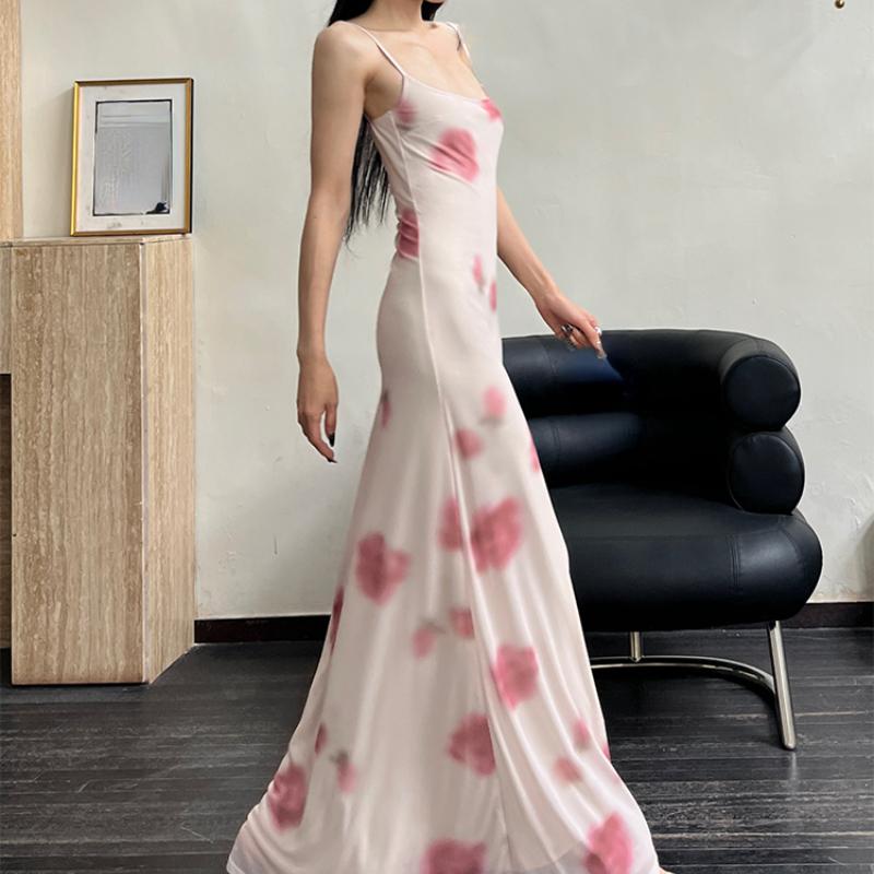 Fairycore Grunge Elegantní Midi šaty Dámské Y2k Vintage Streetwear Špagetový pásek s vysokým pasem Květiny Společenské šaty s potiskem Žena