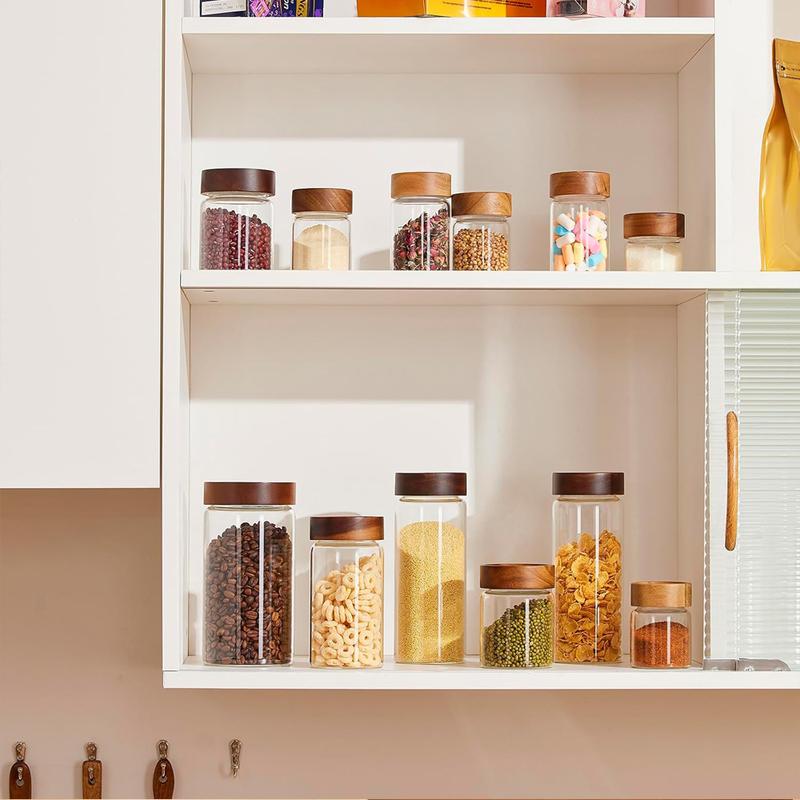 Glas-Lebensmittelaufbewahrungsgläser mit Schraubverschluss, luftdicht, Akazienholzdeckel, Gewürzgläser mit Deckeln, Organisation für Gläser, Flaschen, Behälter