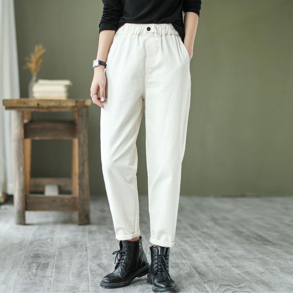 2024 Women's Spring & Autumn Retro Harem Pants, Elastic Waist, Loose Fit, Plus Size, Pure Cotton Carrot Pants