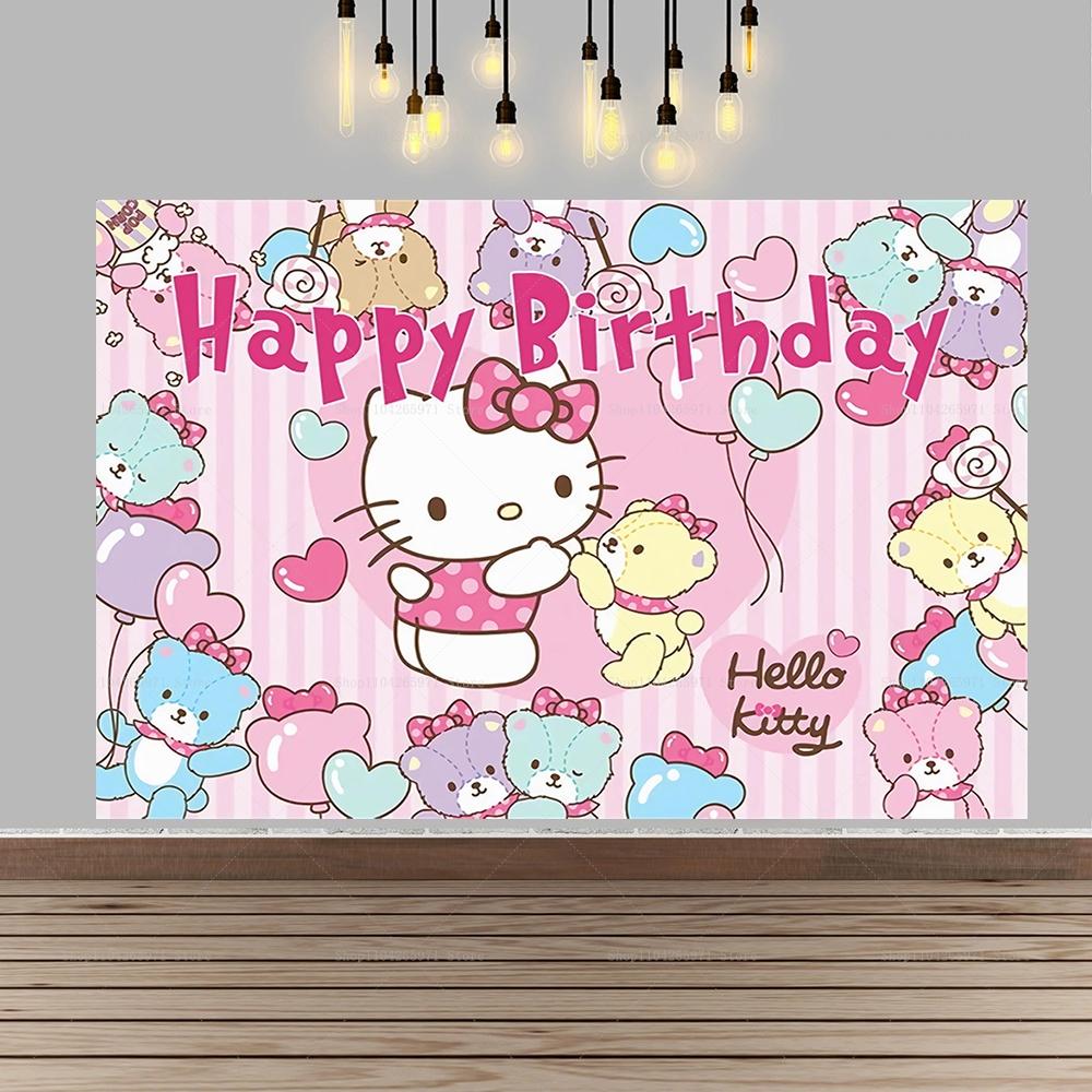 Cartoon Hello Kitty Pink Backdrop Happy Birthday Sweet Theme Kids Girls Baby Shower Party Photo Background Banner Decor Props