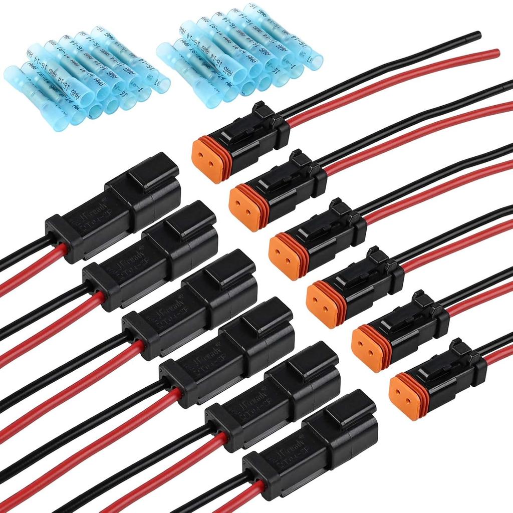 JRready 2 Pin Deutsch Connector Kit - 2 Wire DT Pigtail Black - 6 Sets ST9020 Car Waterproof IP67 Connectors With 24Pcs Butt, 14AWG (UL1015) Thicker