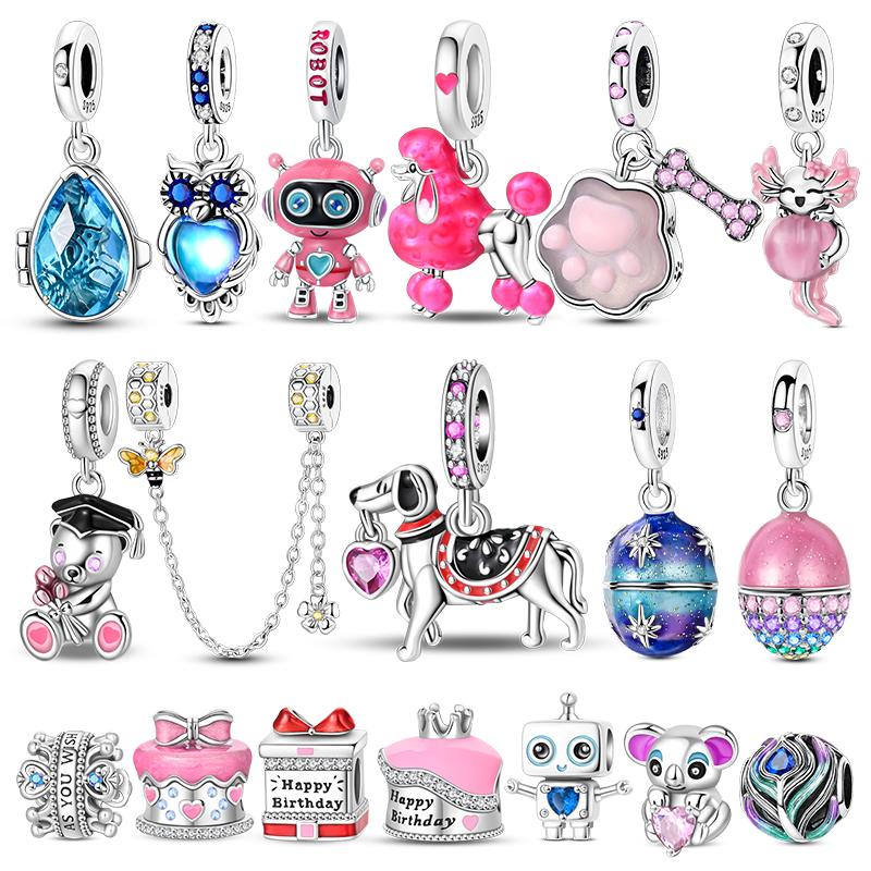 Lnlaid With Zircon Crown Charm Beads Copper Pink Robot Poodle Dangle For Original Braceletccharms Pendant Jewelry