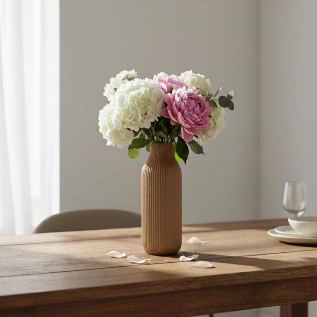 A modern vase with simple lines, elegant brown with a delicate pattern