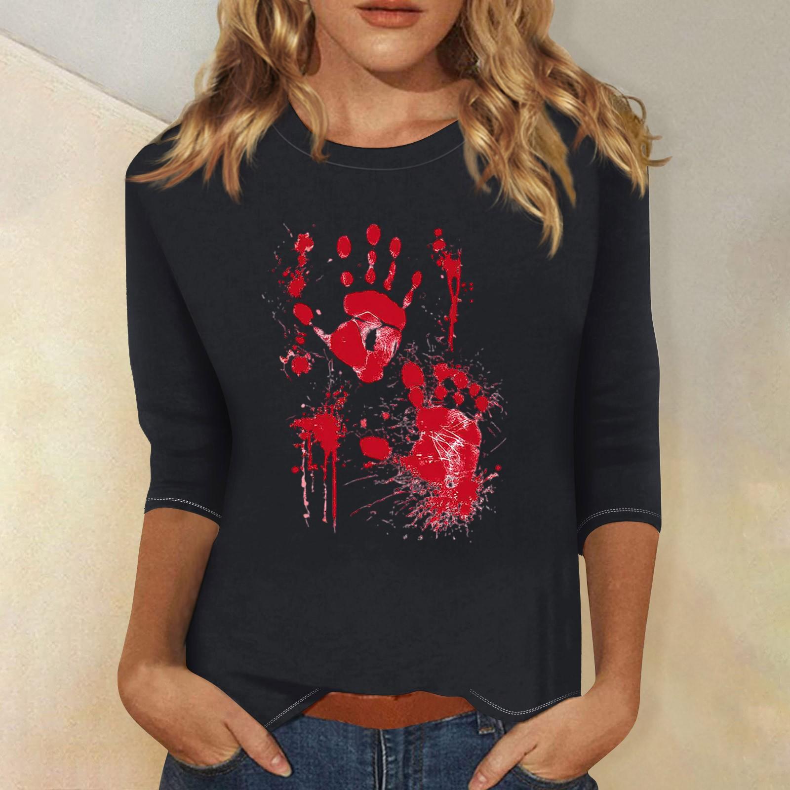 

Женская модная повседневная футболка с рукавом три четверти и принтом на Хэллоуин, с круглым вырезом S чёрный