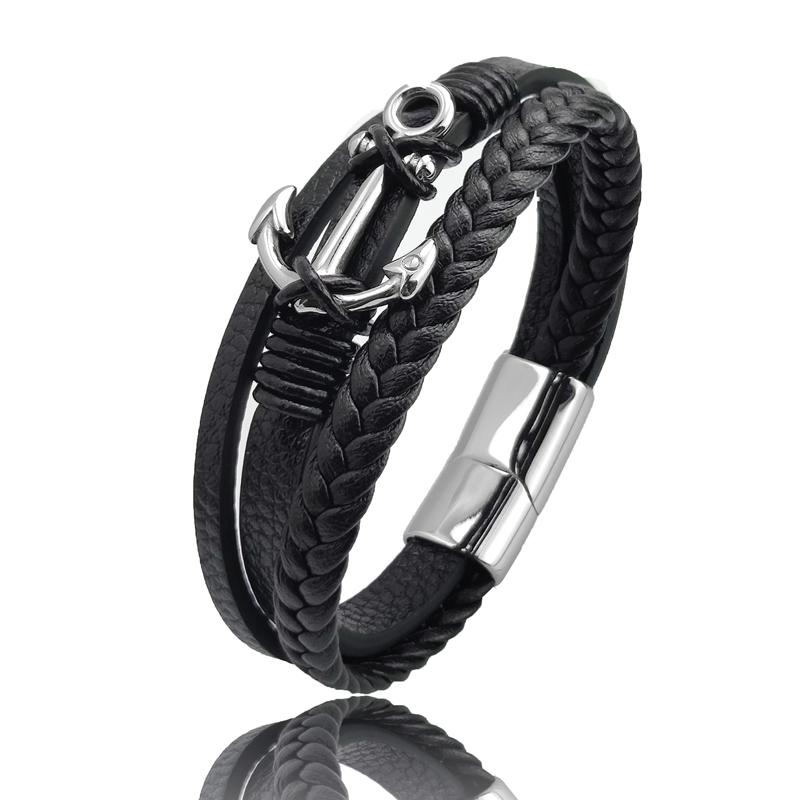 Fashion Charm Cross Men Bracelet Multilayer Leather Bracelet Punk Jewelry Stainless Steel Magnetic Clasp Bangles Boho Bracelet 22cm