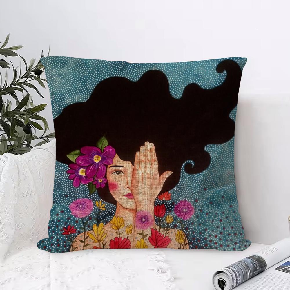 Abstract Girl Hair Flower Cushion Cover Breathable Linen Pillow Cover SkinFriendly Home Decor Pillowcase with Hidden Zipper