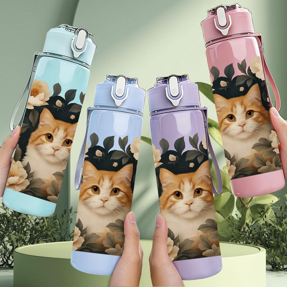 1PC Cat Surrounded By Rose Print 750ml Color Plastic Sports Water Bottle Leakproof Flip Straw Lid Suitable for Sports Office Home Use