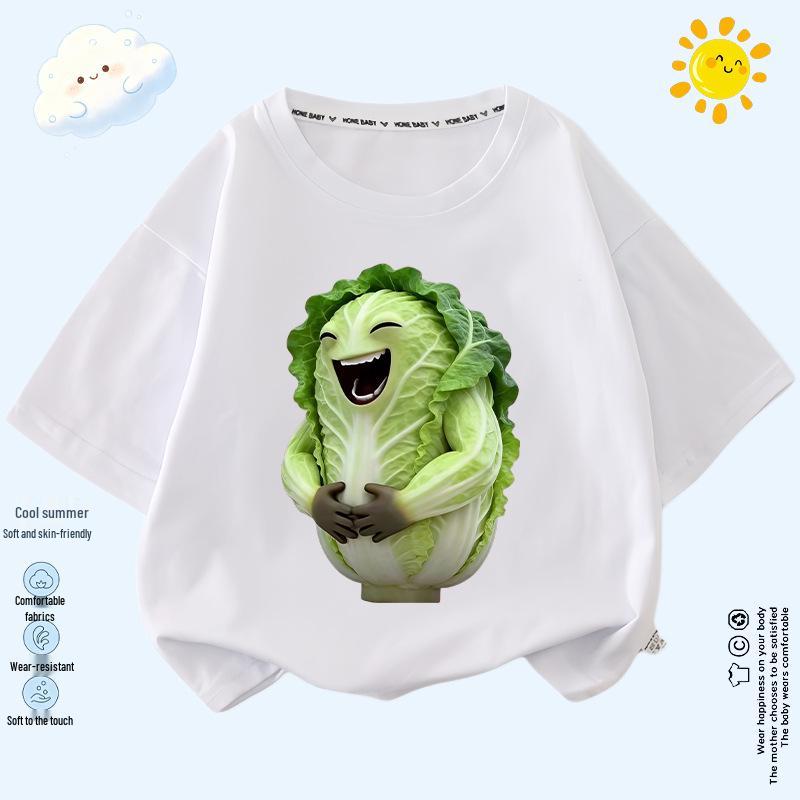 Kids' Smiling Cabbage Short Sleeve T-shirt - Fun Veggie Print, Lightweight, Unisex