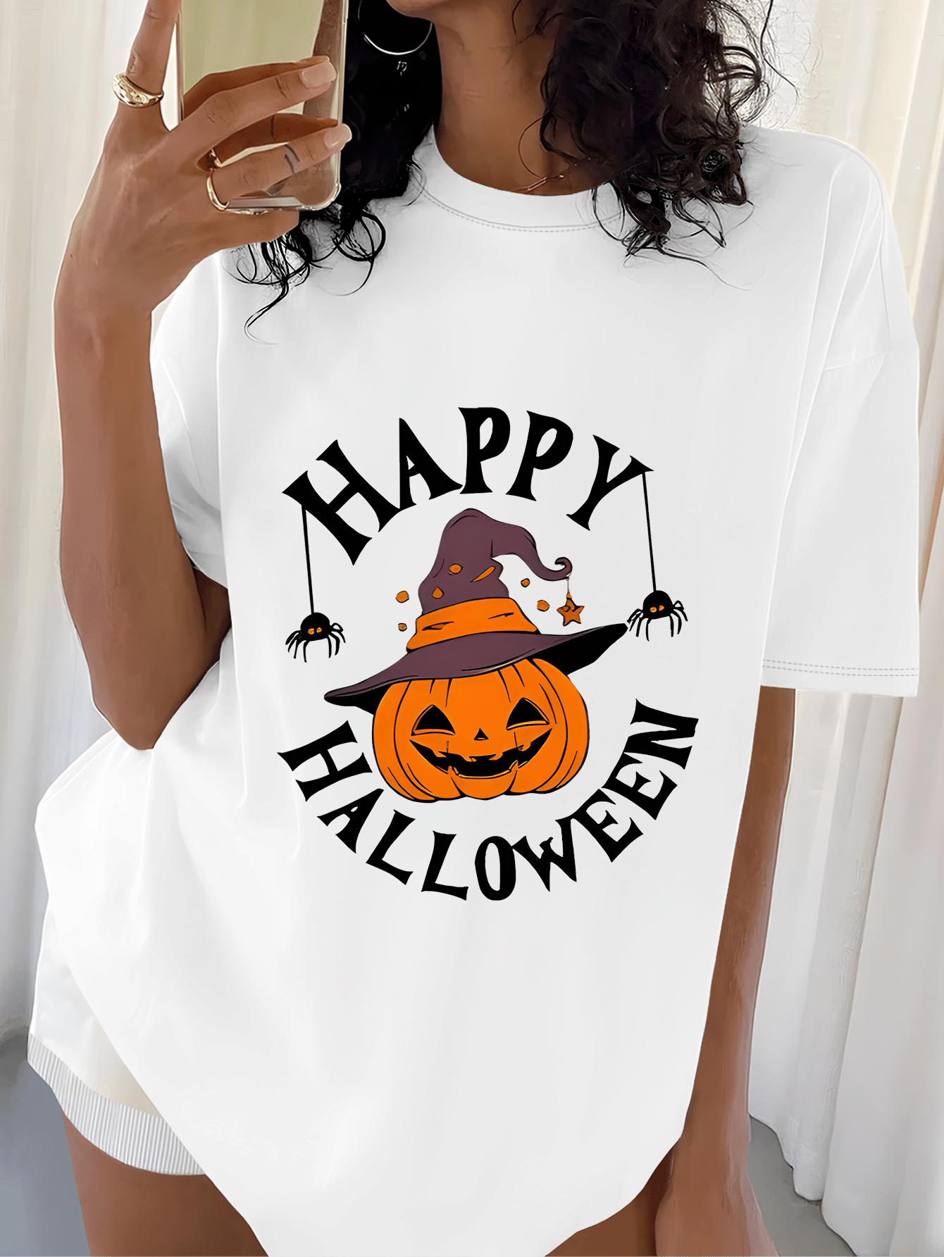 

Women s Black Short Sleeve T - shirt Happy Halloween Pumpkin Graphic Festive Stylish Casual Top 4XL