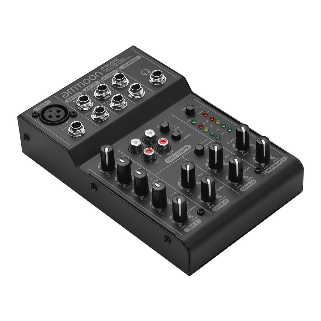 Ammoom AGM05 5-Channel Mini Mixer Mixing Console USB Audio Interface Plug-and-Play +48V Phantom