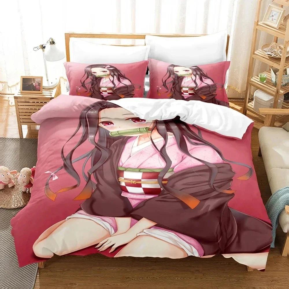 Anime Demon Slayer Nezuko Sängkläder Set Påslakan Sängset Täcke Örngott Täcke king Queen Size Pojkar Vuxen