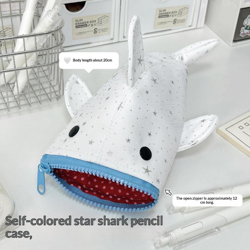 Large Capacity Kawaii Shark Pencil Case with Star Print for Kid s Desk Organization onesize