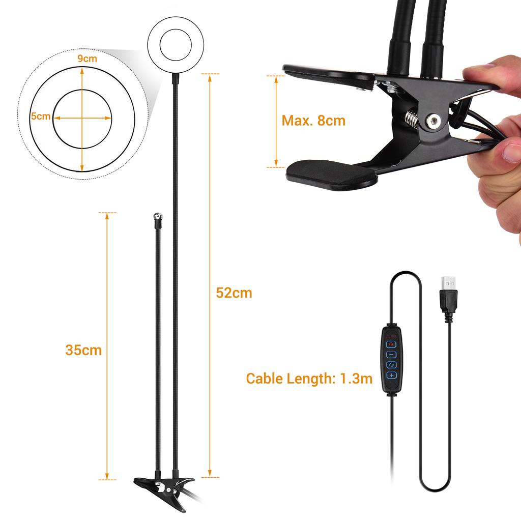 Andoer Webcam Light Stand 3.5 Inch Clip On Mini USB Ring Light 3 Lighting Modes Dimmable Flexible Arms Design with