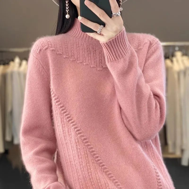 Damesemi-høy hals tykk ensfarget genser pullover avslappet løs og slankende strikket genser