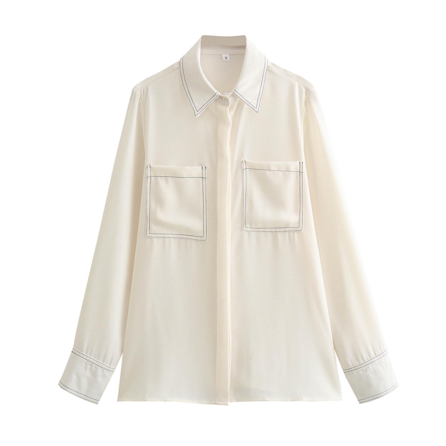 

2025 Spring European & American Style Women s Color Block Topstitched Shirt L