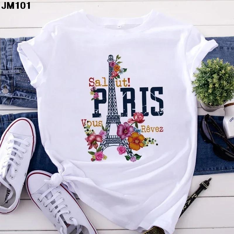 Fashion Women's Tops Tshirt Harajuku Paris Eiffel Tower Printing T Shirt Casual Streetwear Short Sleeve Female T-shirts Clothing