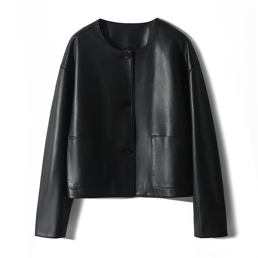 JINLUN Collarless Genuine Lambskin Stylish Outerwear for Fall and Winter Women's Jacket, Leather, Single-Breasted Blouson, (Size M, Black)