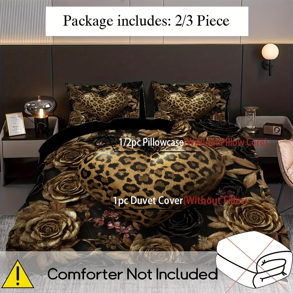 2/3Pcs Leopard Print Love Rose Flower Duvet Cover Set (1 Duvet Cover + 1/2 Pillowcase Without Core) Luxury Retro Romantic
