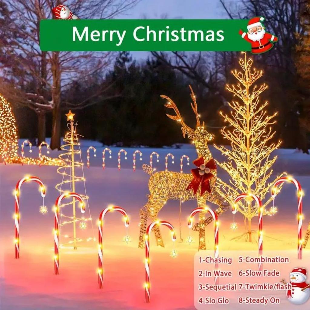 8pcs/set Solar Powered Garden Cane Lights, 8-function Waterproof Decorative Lights, Christmas Candy Garden Lights