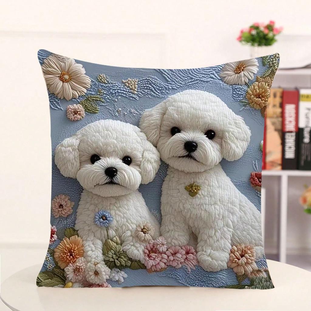 1Pc Cute Bichon Frise Pillow Covers - Polyester, 2D Double-Sided Printed, Floral Pillow Cases For Sofa & Bedroom, Perfect Pet Lo