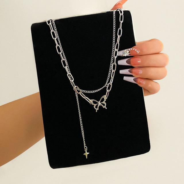 Silver Color Shining Crystal Butterfly Pendant Necklaces Double Layer Pendant Clavicle Choker For Women Jewelry Gifts